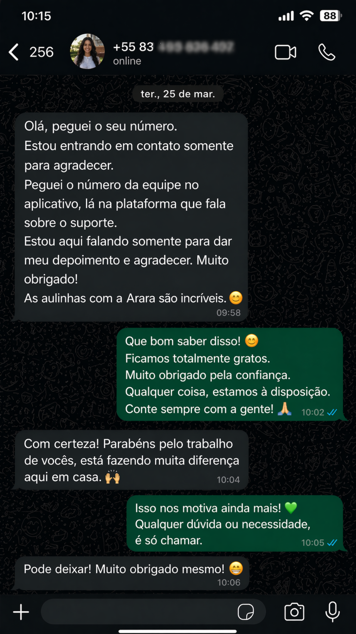 Depoimento no WhatsApp sobre as aulinhas com a Arara
