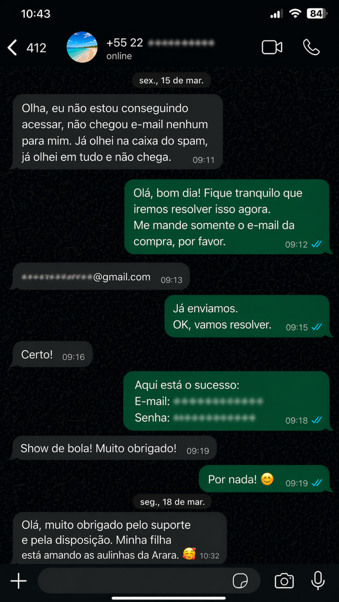Depoimento no WhatsApp sobre suporte e aulinhas da Arara
